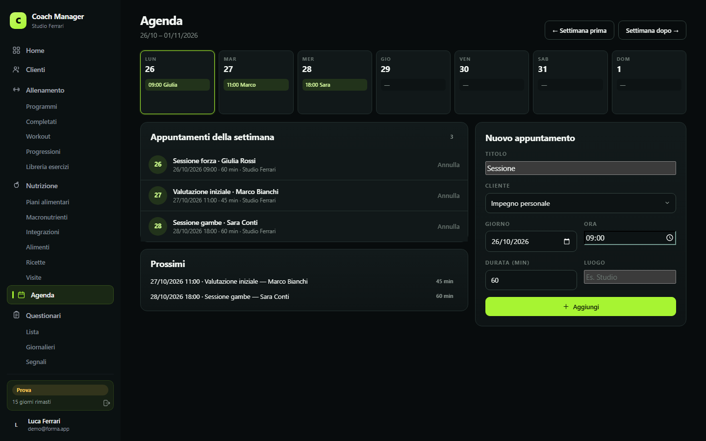 Agenda settimanale: appuntamenti, corsi e prenotazioni
