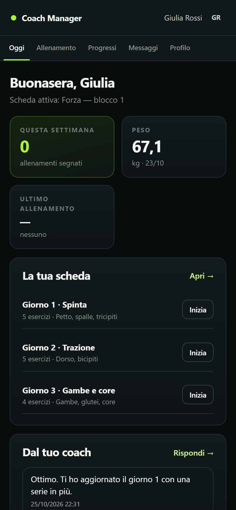 Coaching Manager su telefono: l'area atleta con la scheda e il piano alimentare