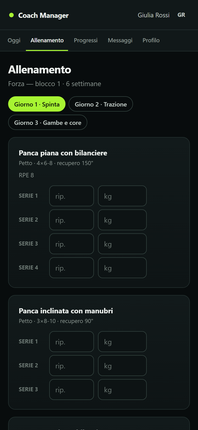 Coaching Manager su telefono: la scheda del giorno con serie e carichi da registrare